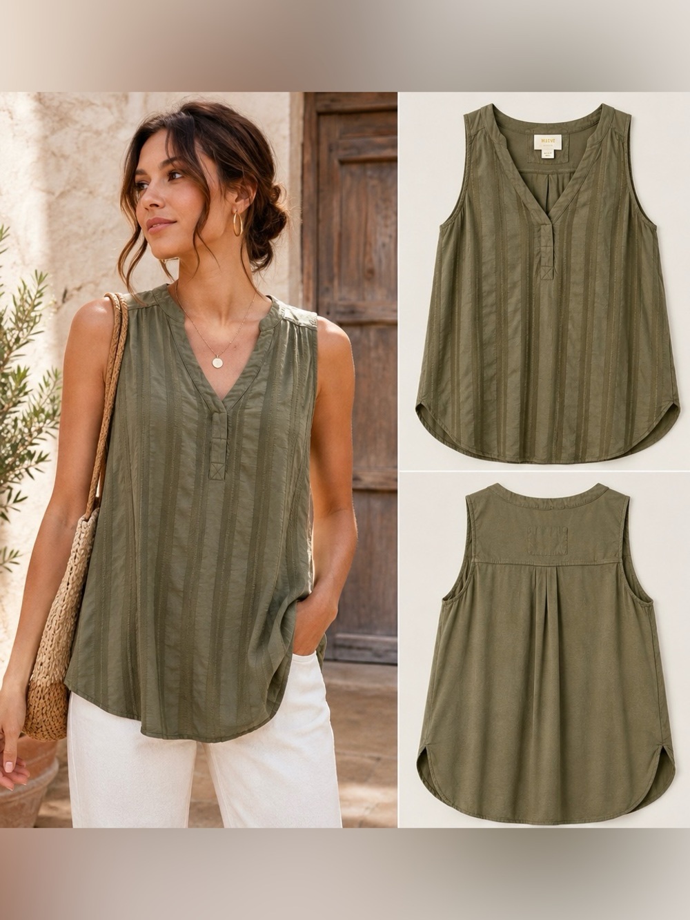 Maeve Anthropologie Olive Green Mixed Media Sleeveless Tunic Top M
